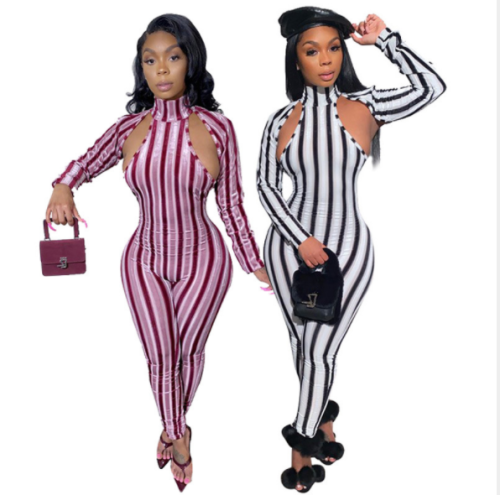 High-collared striped sexy jumpsuit MYF-9545