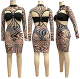 Mesh print leopard print dress casual sexy nightclub three-piece set MYF-9557