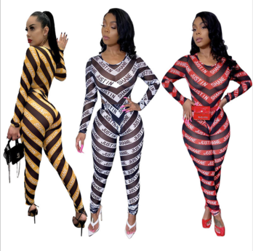 Printed mesh see-through striped suit MYF-9565