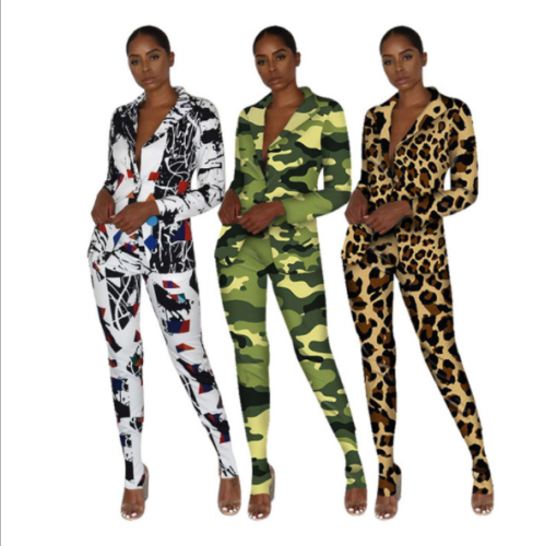 Fashionable print casual long sleeve leopard print camouflage suit suit MYF-9536