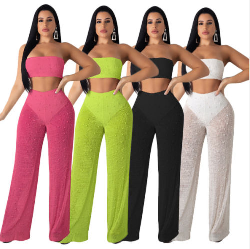 Hollowed-out wide-leg trousers knitted to wrap the chest in a two-piece set MYF-9393
