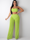 Hollowed-out wide-leg trousers knitted to wrap the chest in a two-piece set MYF-9393