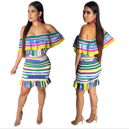 Colorful stripe printing dozen call one word shoulder dress DAL-8132