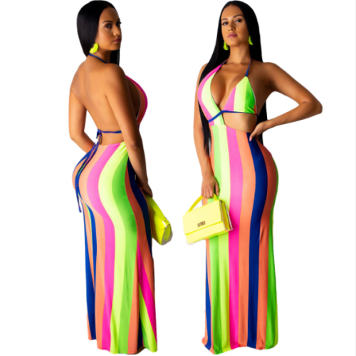 Sexy print stripe dress with backless neck DAL-8167