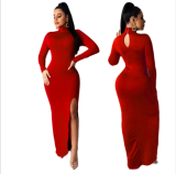 Solid color dress with high neck and long sleeves with slit legs DAL-8212