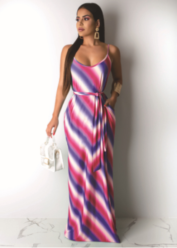Hot style casual stripe print halter dress with belt DAL-8163