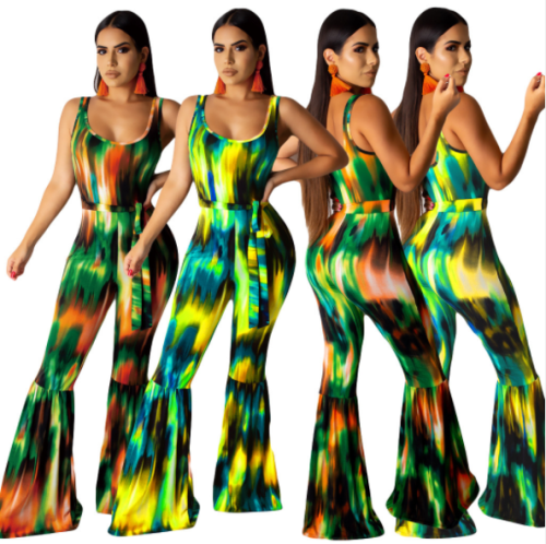 Sexy backless print tie-dye jumpsuit with belt DAL-8159