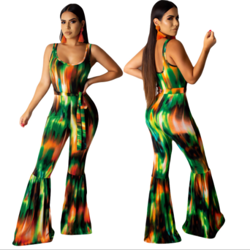 Sexy backless print tie-dye jumpsuit with belt DAL-8159