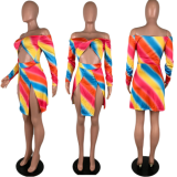 Hot style slit strapless rainbow print dress DAL-8157