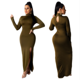 Solid color dress with high neck and long sleeves with slit legs DAL-8212