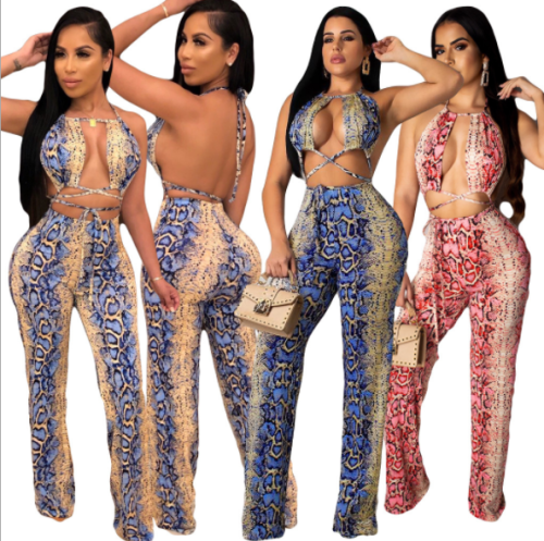 Sexy snake-print jumpsuit with neck hanging and backless DAL-8106