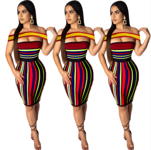 Stylish one-shoulder print stripe patchwork sexy dress DAL-8123