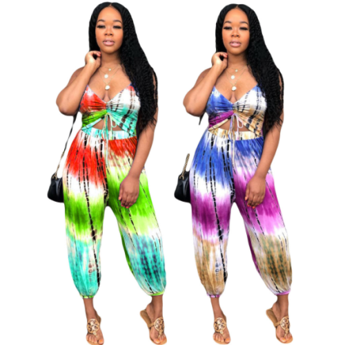 Printed knickerbockers printed jumpsuit with deep V neck and open back DAL-8110