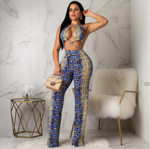 Sexy snake-print jumpsuit with neck hanging and backless DAL-8106