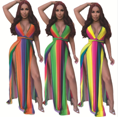 A sexy rainbow print striped dress with an off-the-shoulder split V neck DAL-8165
