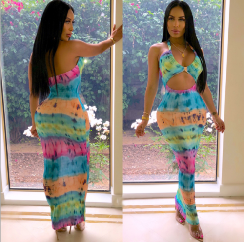 Sexy rainbow print dress with neckline and backless DAL-8133