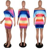 Rainbow stripe print slant shoulder sexy dress DAL-8156