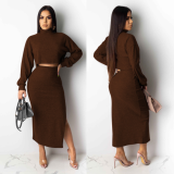 Sexy high-necked long-sleeved crop slit skirt two-piece set WNY-8872
