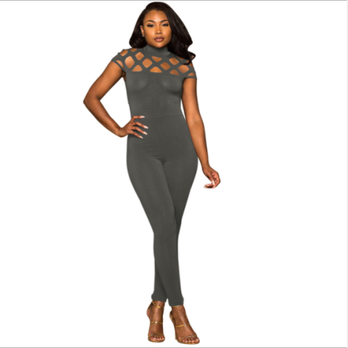 Slimming ripped zipper short sleeved jumpsuit WNY-8143