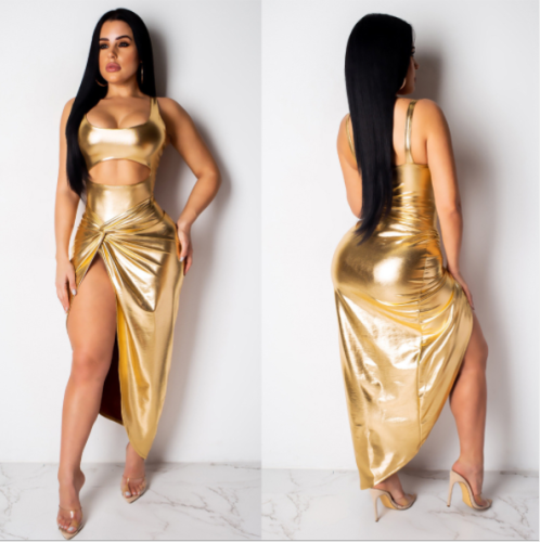 Gold slit mini slim club dress WNY-8728