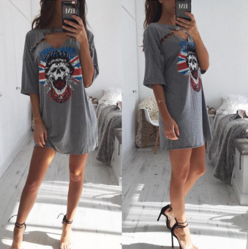 European and American offset printed skull pin street style dress SM-3956