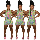 Large women's fashion casual suit sexy sleeveless shorts printed swimsuit two-piece set