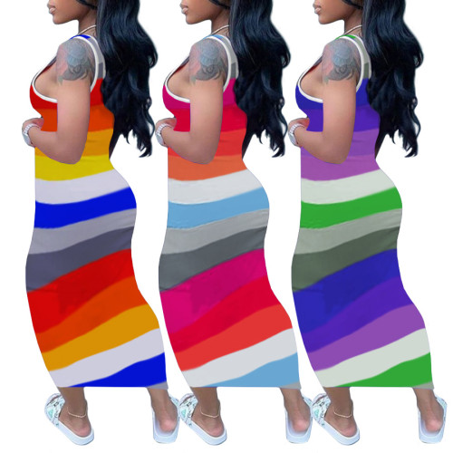 Large women's fashion contrast Stripe Print Hip Wrap sexy dress