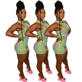 Large women's fashion casual suit sexy sleeveless shorts printed swimsuit two-piece set