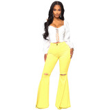 Fashionable and versatile Wide Leg Jeans flared pants with knee holes
