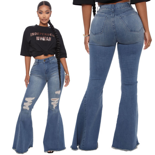 Fashionable and versatile Wide Leg Jeans elastic flared pants with knee holes