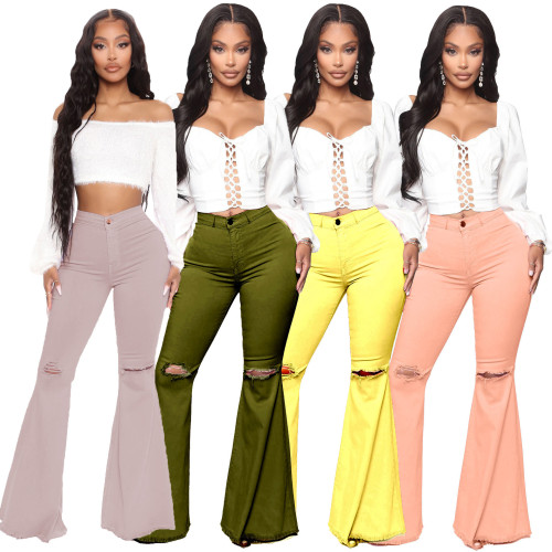 Fashionable and versatile Wide Leg Jeans flared pants with knee holes
