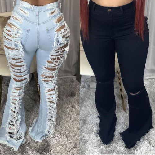 Fashion trend personality hole stretch oversized flared pants  jeans