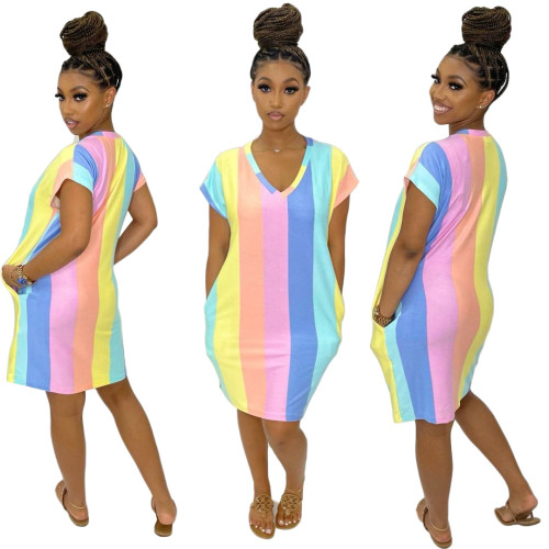 Casual color stripe print Pullover Short Sleeve Dress