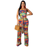 Sexy off shoulder cut-out printing strap Jumpsuit fashionable wide leg pants