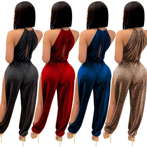Fashionable European and American sexy strap elastic split women's Jumpsuit