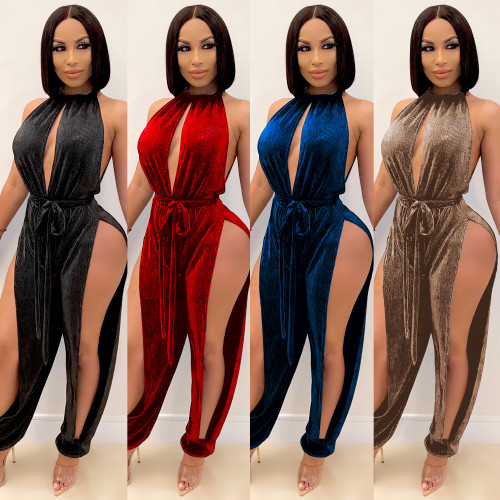 Fashionable European and American sexy strap elastic split women's Jumpsuit
