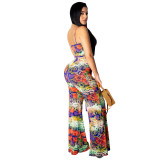 Sexy off shoulder cut-out printing strap Jumpsuit fashionable wide leg pants