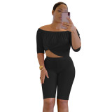 Sexy off shoulder stretch bra solid short sleeve T-shirt two piece Pant Set