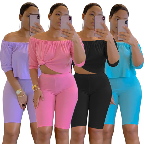 Sexy off shoulder stretch bra solid short sleeve T-shirt two piece Pant Set