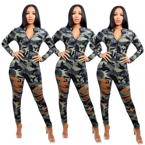 Perforated zipper camouflage commuter Jumpsuit