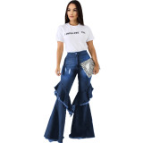 Fashion all-match wide-leg pants stitching jeans flared pants