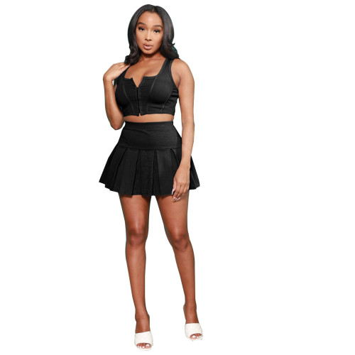 Sexy solid color nightclub style slim sports suit two-piece vest skirt