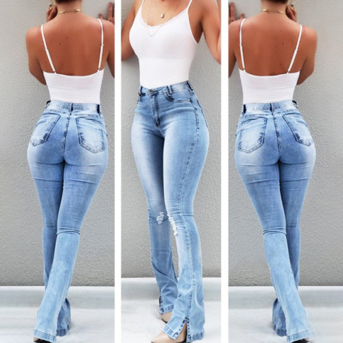 High-waisted and ripped micro-flare jeans