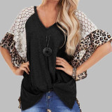 Leopard-print lace raglan sleeve twisted T-shirt