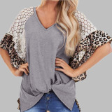 Leopard-print lace raglan sleeve twisted T-shirt