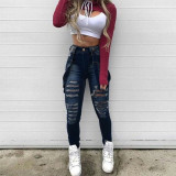 Suspenders high-rise ripped jeans