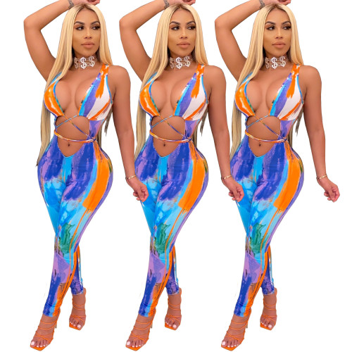 Plus size fashion tie-dye wrapped chest sexy jumpsuit
