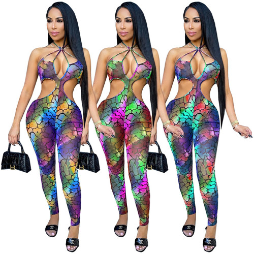 Digital Print Halter Wrapped Chest Fashion Sexy Jumpsuit