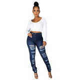 Fashion slim fit all-match high-waist ripped jeans pants