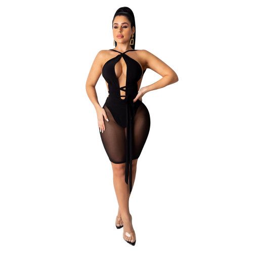 Sexy and fashionable breast-wrapped lace-up milk silk gauze stitching dress   Jumpsuit    Includes panties